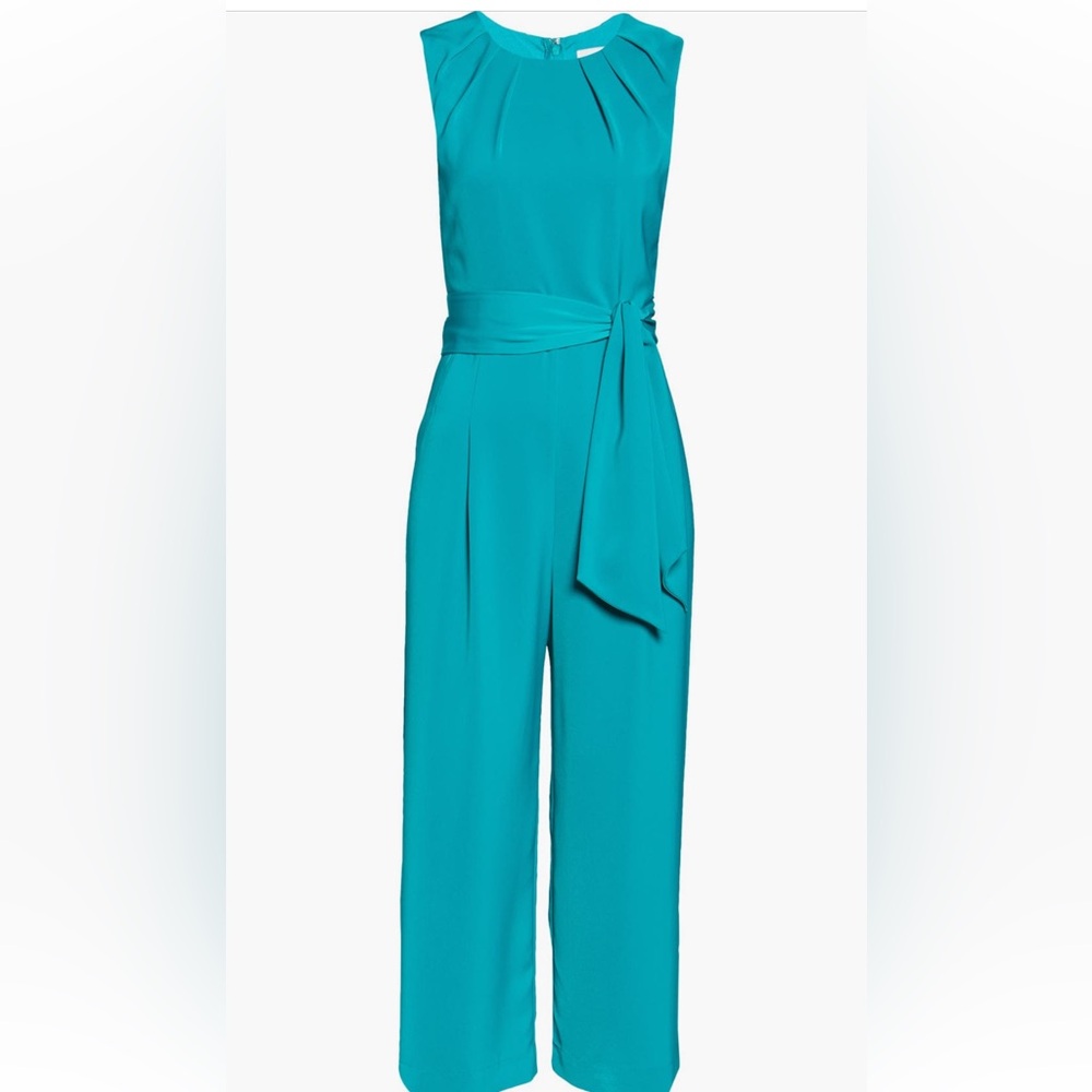 Charles Henry Teal Green Crop Jumpsuit Culotte Sleeveless Pleated Neck Sz Large